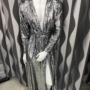 ALM collection long gunmetal silver trench dress